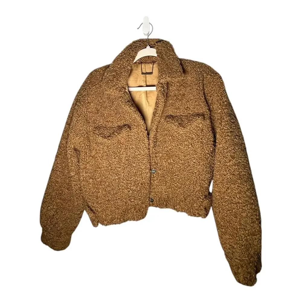 Capulet Aiden Sherpa Trucker Jacket Camel Teddy Fuzzy Crop Coat Size Small - Picture 3 of 13